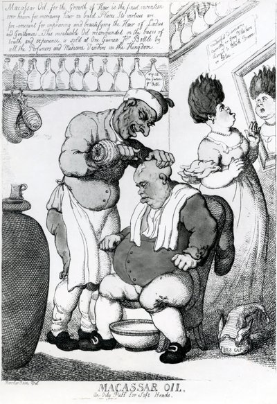 Massacar Oil, an oily puff for soft heads, 1814 by Thomas Rowlandson